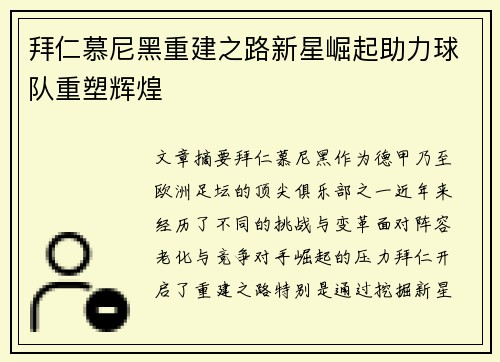 拜仁慕尼黑重建之路新星崛起助力球队重塑辉煌