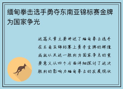 缅甸拳击选手勇夺东南亚锦标赛金牌为国家争光