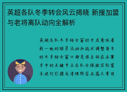 英超各队冬季转会风云揭晓 新援加盟与老将离队动向全解析